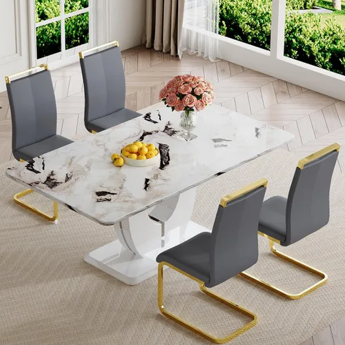 Vista 16 de JUFU Juego de mesa de comedor moderno para 4, juego de mesa de cocina rectangular de 63 pulgadas con mesa de mármol sintético y 4 sillas tapizadas