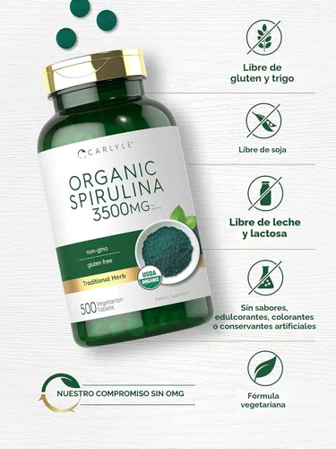 Vista 5 de Carlyle Tabletas de espirulina orgánica de 3500 mg 500 unidades Suplemento sin OMG y sin gluten