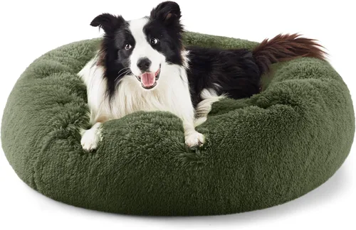 Vista 21 de Bedsure - Cama calmante para perros pequeños y medianos, lavable, con forma de dona, antideslizante, afelpada, esponjosa, pelo sintético, cama