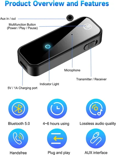 Vista 7 de Adaptador Bluetooth 5.0 actualizado 2026 para automóvil, transmisor y receptor inalámbrico Bluetooth 2 en 1 para auriculares de TV, altavoces