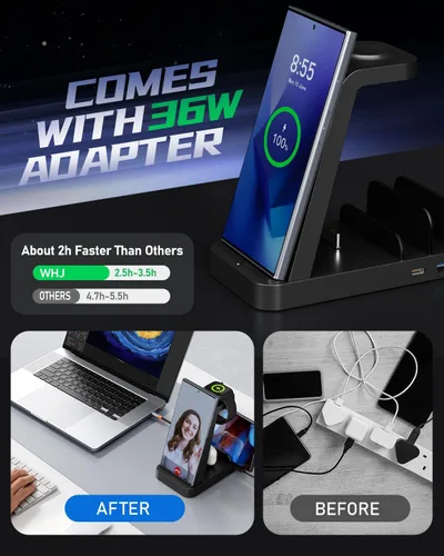 Vista 2 de WHJ Cargador Inalámbrico 5 en 1 para Samsung, Estación de Carga Rápida Android para Samsung Galaxy S25/S24 Ultra/S23/S22/S21/Note 20/Z Fold 7/6/5