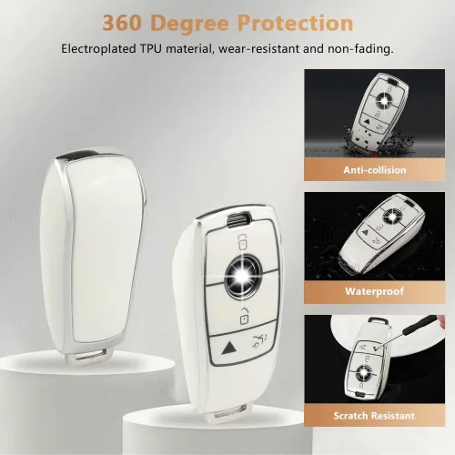 Vista 3 de PIFOOG Funda para Llavero de TPU con Cadena de Llaves Brillante, Llaveros de Entrada sin Llave, Botones de Protección, Blanco Plateado, Blanco