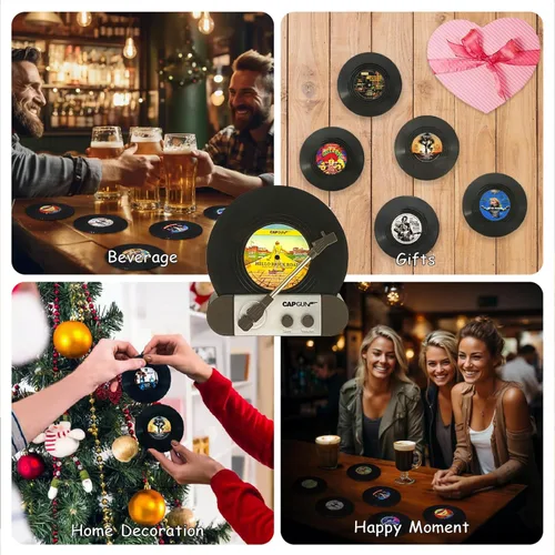 Vista 5 de Divertidos posavasos retro para discos de vinilo, juego de 6 posavasos creativos con soporte para tocadiscos de vinilo para amantes de la música
