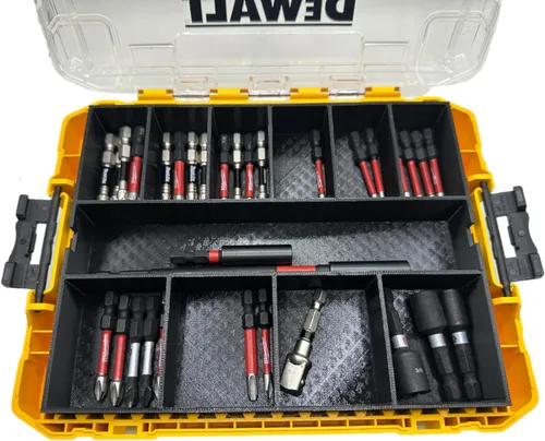 Vista 4 de GarageInOrder Soporte para brocas de impacto impreso en 3D diseñado para DEWALT Medium ToughCase (solo inserto) (amarillo, 11 compartimentos)