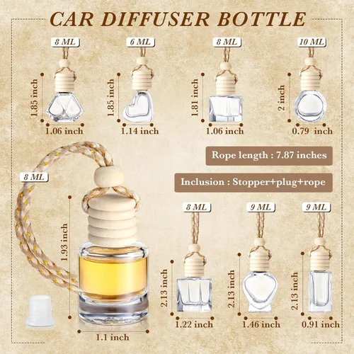 Vista 2 de BBTO 120 botellas de difusor de coche colgantes vacías a granel, 8 estilos de botellas de vidrio vacías con tapa de madera para perfume, aceites