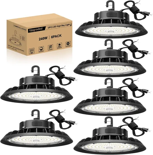 Vista 8 de UFO - Luz LED de alta bahía de 100 W, luces LED de alta bahía de 14,000LM, 0-10 V, regulable, cable de 6 pies con enchufe estadounidense, gancho