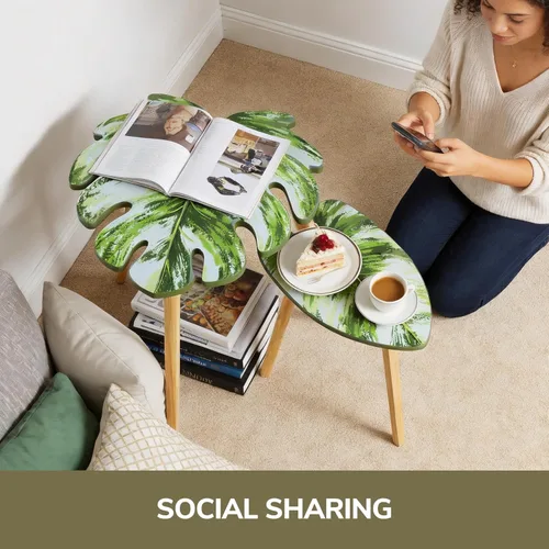 Vista 4 de BAMEOS Monstera - Juego de 2 mesas auxiliares pequeñas con patrón de venas de hojas, modernas mesas auxiliares de madera para sala de estar