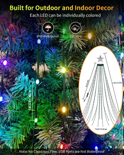 Vista 6 de luces inteligentes para árbol de Navidad, espectáculo de luces LED de cambio de color DIY, 6 pies, más de 200 escenas, cascada de luces de árbol