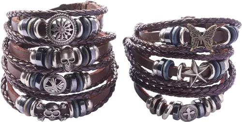 Vista 7 de Leather Beaded Bracelet for Men Punk Gothic Cuff Men's Skull Bracelet Obsidian Tiger eye Bracelet Men's Spiritual Gift