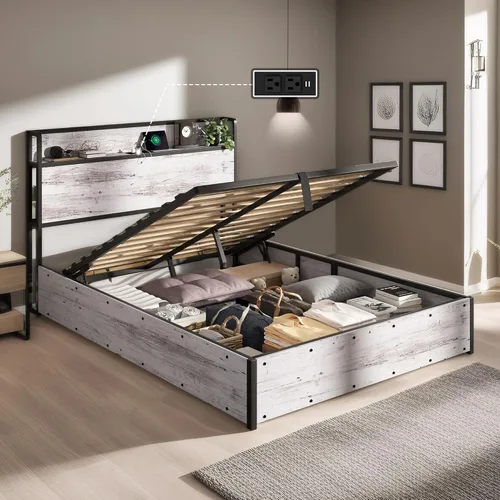 Vista 15 de LUXOAK Cama de Almacenamiento Elevable Tamaño Full, Marco de Cama Plataforma de Madera con Cabecera de Almacenamiento y Estación de Carga, No Negro