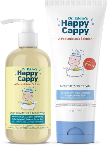 Happy Cappy Paquete de champú para bebés y gel de baño y crema hidratante - Eczema Body Wash y loción para niños, niños pequeños, adultos, ayuda con