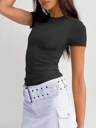 Vista 4 de Trendy Queen Camisetas básicas para mujer, cuello redondo, manga corta, lindas camisetas de verano, ajustadas, ropa Y2K