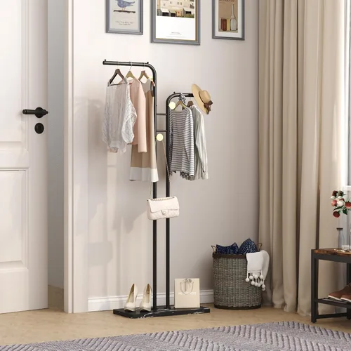 Vista 2 de HOMEFORT Perchero de Abrigos, Percheros de Metal Independientes, Soporte de Ropa y Sombreros de Doble Poste con 5 Ganchos para Closet, Dormitorio