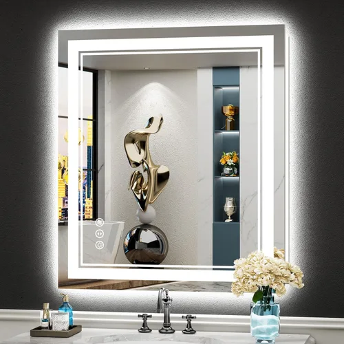 Vista 39 de Espejo de baño LED de 48 x 30 pulgadas con luces, retroiluminado + frontal iluminado, espejo de tocador con luz antiniebla para pared de baño con 3