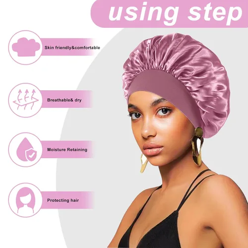 Vista 3 de 4 gorros de satén de seda para mujeres y hombres negros, banda ancha elástica para cabello rizado, gorro de ducha para dormir