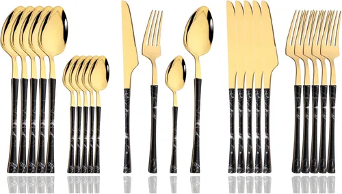 JASHII Juego de cubiertos de acero inoxidable con textura de mármol, 24 piezas, tenedor de cuchillo, cuchara de té, cubiertos plateados para 6,