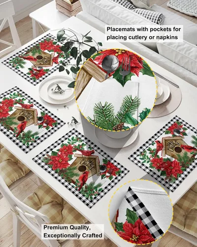 Vista 2 de Plaid Table Placemats for Dining Table Set of 6,Cotton Linen Cloth Kitchen Place Mats with Pocket,Washable Burlap SquareRectangleRoundOblong Table
