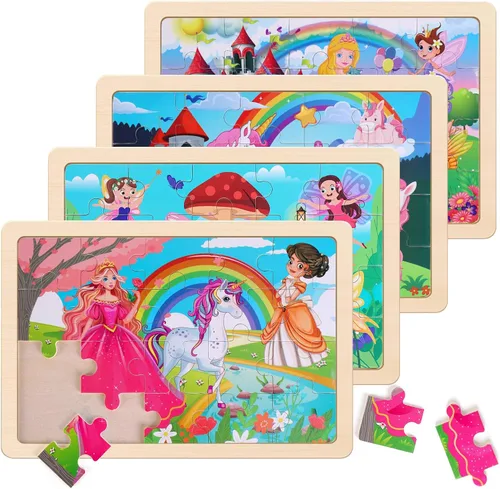 Vista 13 de Rompecabezas de madera para niños de 3 a 5 años, juego de 4 paquetes con 20 piezas de granja, rompecabezas de madera con temática de animales