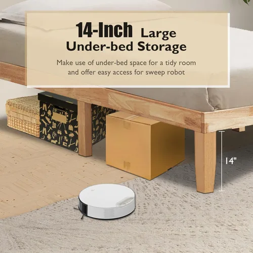 Vista 63 de COSTWAY Marco de cama de plataforma tamaño King, base de colchón de madera de goma maciza de 14 pulgadas con soporte de listones resistentes, marco