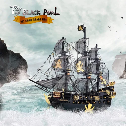 Vista 8 de Piececool - Rompecabezas 3D de metal para adultos, kits de modelo de barco pirata Black Pearl con herramientas de bricolaje, kit de construcción