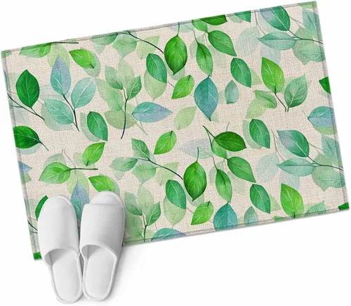 Vista 2 de 2x3 Door Mat, Green Leaves Non-Skid Rubber Backing Large Rectangle Rugs - Living Room Bedroom Home Office, Botanical Abstract Color Retro Plants