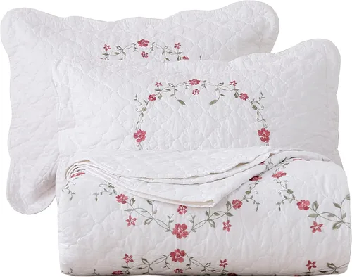 Vista 11 de vctops - Juego de colcha de 3 piezas, elegante, con bordado floral, de tamaño individual, 100% algodón, reversible y de retazos, 1 colcha y 2 fundas