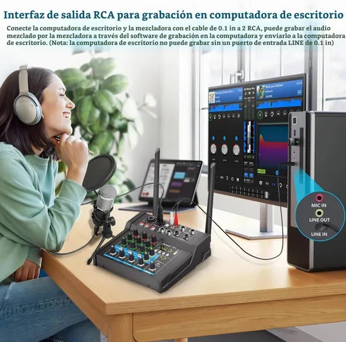 Vista 6 de Aveek - Mezclador de audio amplificador de 150 W x2, 4 canales con 2 micrófonos inalámbricos