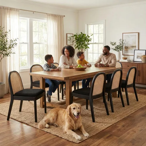 Vista 9 de DUOMAY Mid-Century - Juego de 2 sillas de comedor de ratán modernas, sillas de comedor de madera con respaldo de caña y asiento acolchado, silla