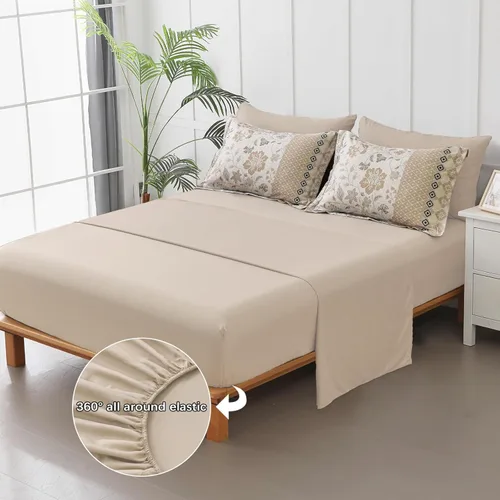 Vista 4 de WONGS BEDDING - Juego de edredón beige tamaño Queen, juego de 7 piezas en una bolsa, estampado geométrico floral, de microfibra suave, juego de ropa