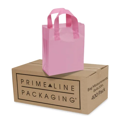 Vista 14 de Prime Line Packaging Bolsas de regalo rosadas, bolsas de tote de plástico esmerilado con asas para pequeñas empresas, golosinas, compras, cumpleaños