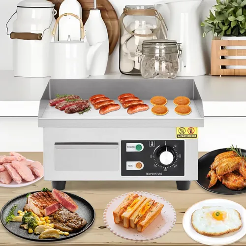 Vista 7 de Plancha eléctrica comercial de 14 pulgadas, plancha de encimera de acero inoxidable, parrilla eléctrica superior plana con cepillo de pala,