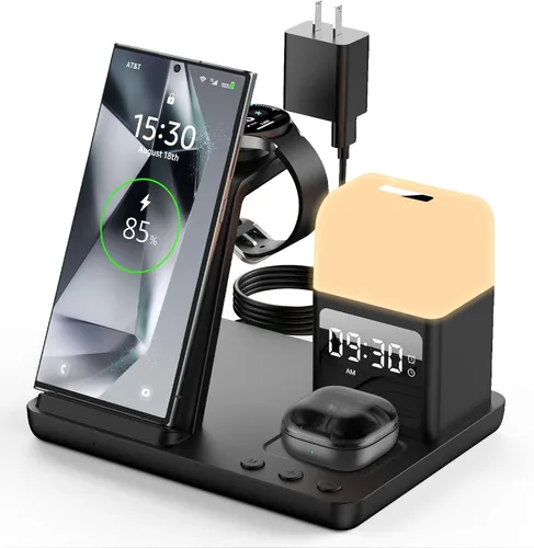 Vista 3 de Cargador inalámbrico para estación de carga Samsung/Android, cargador de reloj rápido 6 en 1 con reloj despertador, luz nocturna, compatible
