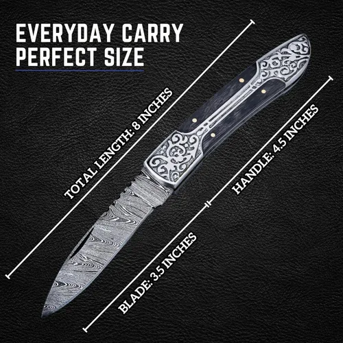Vista 5 de Cuchillo de bolsillo de Damasco para hombre hecho a mano, cuchillo plegable de Damasco de 8 pulgadas con funda y afilador, ideal para caza