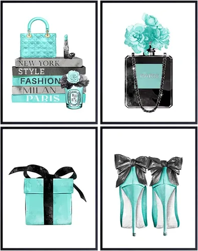 Arte de pared glam azul - Perfume de diseñador, zapatos, bolsos - Regalo de diseño de alta moda para fashionista - Decoración de pared de lujo de