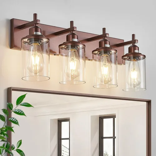 Vista 10 de Lanhall Lámpara de baño de 3 luces, estilo granja, vintage, sobre espejo, de metal pintado en madera y negro con pantalla de cristal, enchufe E26
