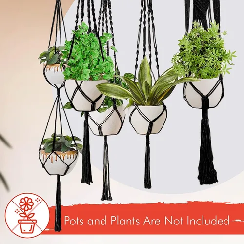 Vista 9 de Feedee Ganchos de macramé para plantas, paquete de 6, color negro, interior/exterior, algodón