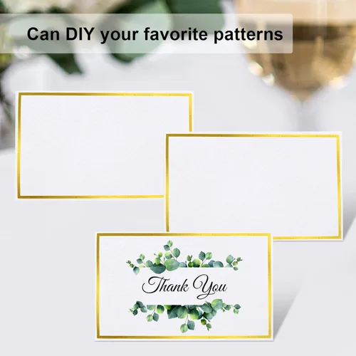 Vista 4 de 120 piezas de tarjetas de lugar, tarjeta de asiento de 2x3.5 pulgadas en blanco rellenable para banquete con marco de lámina dorada para mesa