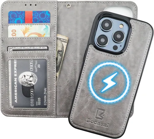 Vista 20 de Bocasal Funda tipo cartera desmontable para iPhone 14 Pro con bloqueo RFID, ranuras para tarjetas, soporte magnético de piel sintética de alta