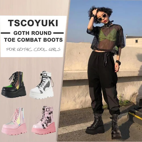 Vista 5 de Tscoyuki - Botas de plataforma de tobillo para mujer, botas con tacón alto grueso, botas de combate con punta redonda estilo gótico, con cordones