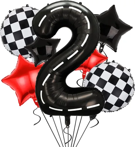 Globos de fiesta de cumpleaños de auto de carreras, globo grande de mylar de 40 pulgadas, globo de número 2 negro para niños, dos decoraciones