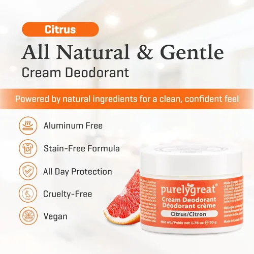 Vista 3 de Purelygreat Crema desodorante sin aluminio, aroma cítrico, 1.76 oz