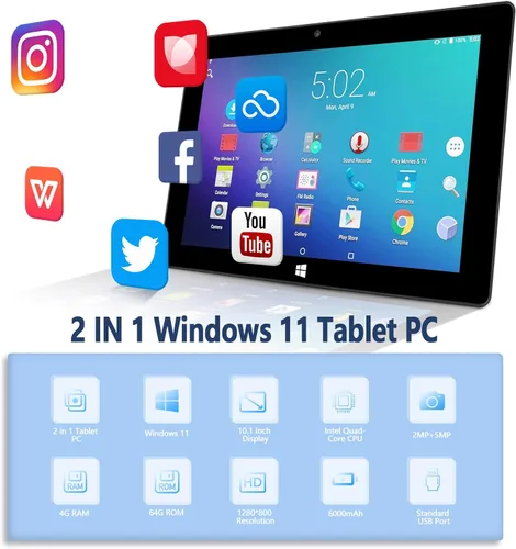 Vista 2 de Tableta Windows de 10 pulgadas con Win 11 Home pantalla táctil Tablet PC 6GB RAM 64GB ROM 2.8GHz Intel N4020 WiFi BT Micro HDMI USB3.0 0.138 in