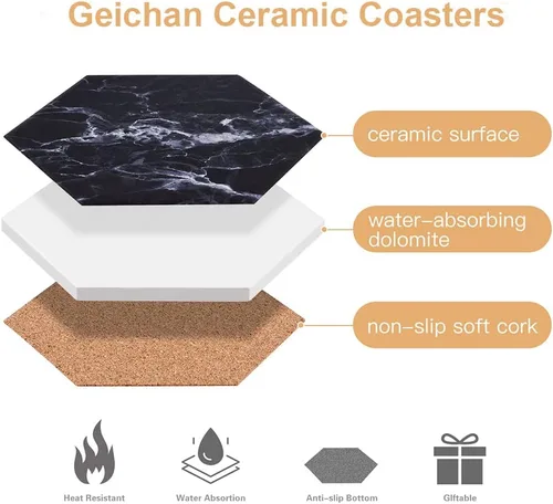 Vista 5 de Posavasos negros, posavasos de mármol para bebidas con soporte dorado, posavasos absorbentes con base de corcho para bar, cocina, hogar y decoración
