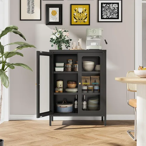 Vista 5 de Vitrina Pequeña con Puertas de Vidrio, Gabinetes de Almacenamiento de Metal Poco Profundos de 12", Gabinete de Librero Corto con Dos Puertas Dos