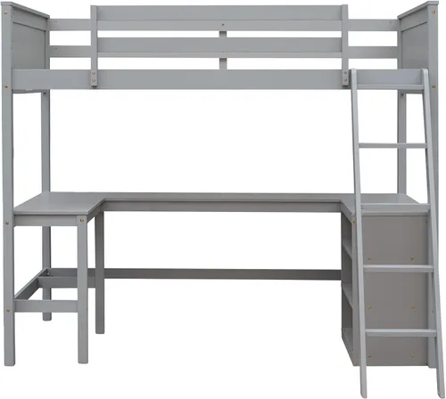 Vista 40 de Cama tipo loft de tamaño individual con estantes y escritorio, marco de cama de madera con escalera inclinada y barandilla de seguridad, adecuada