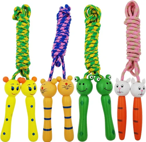 Paquete de 4 cuerdas de saltar con asas de madera para niños, cuerda de saltar ideal para niños y estudiantes, actividades divertidas al aire libre,