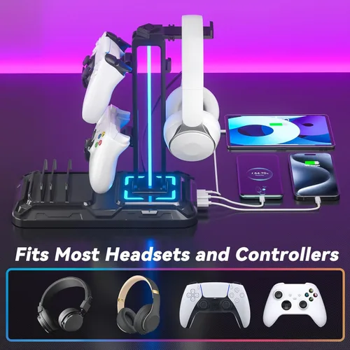 Vista 5 de KDD Headset Stand with Charging Station - Detachable Controller Holder with 9 Light Modes - Rotatable Headphone Hanger with USB A&C Charger Ports