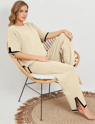 Vista 6 de Faleave Conjunto de suéter de punto de 2 piezas para mujer, manga corta, sin botones, cintura elástica, pantalones de pierna ancha, conjunto