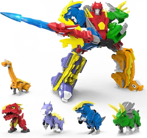 Vista 6 de Juego de juguetes de dinosaurio robot 5 en 1: gran kit de robot transformable para desmontar con 5 figuras de acción de dinosaurio - juguetes