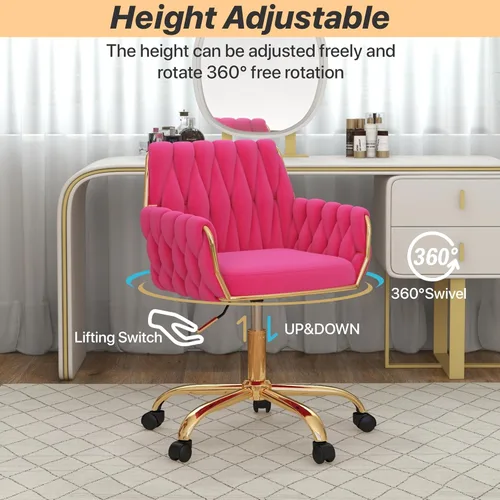Vista 5 de Silla de tocador moderna de terciopelo para oficina en casa, silla giratoria de 360° de altura ajustable para maquillaje con base dorada y respaldo